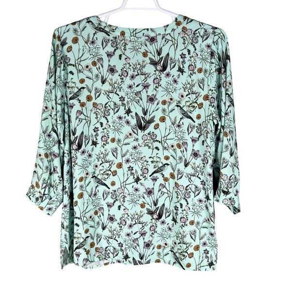 J Jill Womens L Seafoam Botanical Bird Floral Print Top 3/4 Sleeve Blouse Silky - Picture 9 of 16